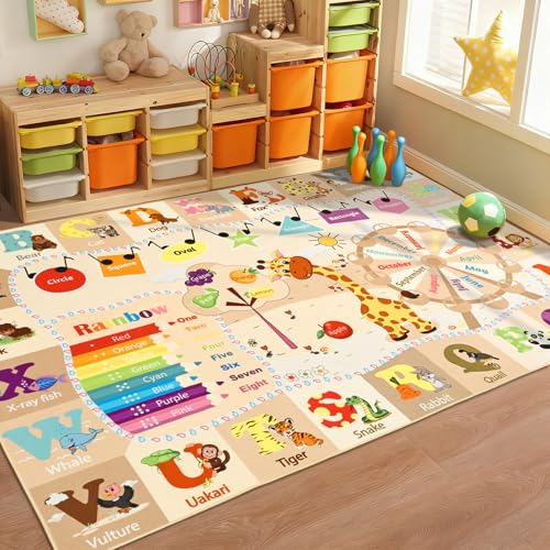 B BENRON Kids Rugs for Playroom Washable, Educational and Fun Learning Rugs with ABC Alphabet Animals Shapes, Baby Toddler Children's Play Mat for Bedroom Classroom Nursery, 5x7 Feet, Beige and Pink
