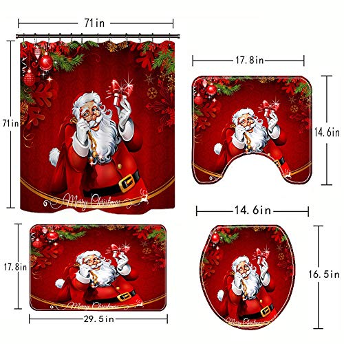 Soly Teche Christmas Bathroom Sets 4 Pcs 3D Digital Printing Merry Christmas Shower Curtain, Non-Slip Rugs, Toilet Lid Cover, Bath Mat And 12 Hooks,Christmas Decoration (Type A) #TOP1