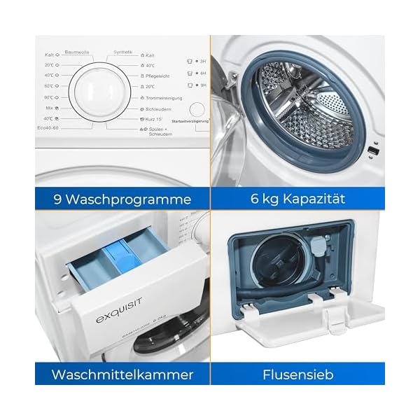 Exquisit Waschmaschine WA56110-020E | 6 kg Füllmenge | 1000 U/Min | Startzeitvorwahl | Kurzprogramm | 60 cm Breite | Slim Design – Bild 4