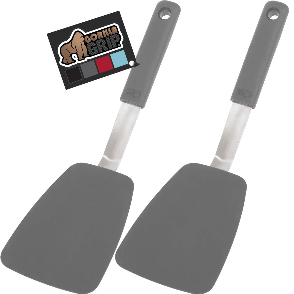 GORILLA GRIP Food Grade Flexible Silicone Spatula, 2 Pack, Heat Resistant Head for Nonstick Frying Pan, Patented Soft Rubber Handle for Comfort,