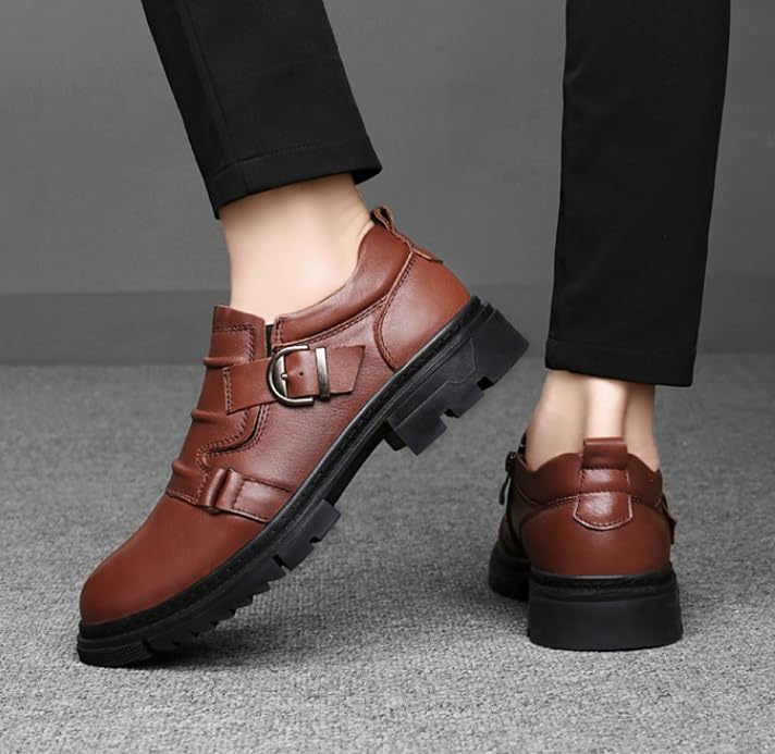 Men's Classic Brogue Oxfords Shoes Mens Round Toe Non Slip Leather Dress Shoes Fashion Breathable Slip-On Tuxedo Shoes(Brown,6.5)4