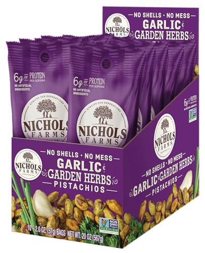 Image of Nichols Farms Pistachios - Fresh Roasted No Shell Pistachios, Nutrient Rich Nuts Snack Packs, Non-GMO, California Grown, Healthy, Wonderful Tasting, Single Serve Multi-Pack - Garlic & Garden Herbs