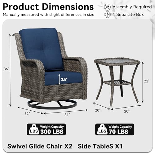 Image of 3 Piece Outdoor Wicker Patio Furniture Set, Swivel Rocker Patio Chairs Set with Thickened Olefin Cushions, High Back and Deep Seating, Hand-Woven PE Rattan for Porch, Deck