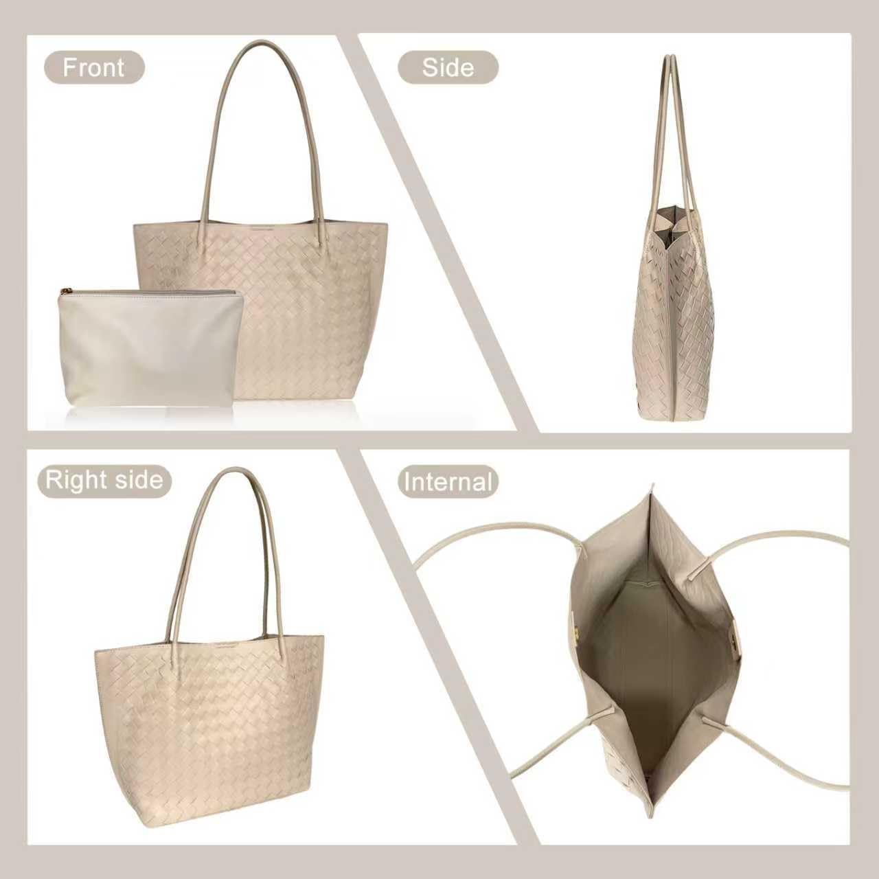 Woven Leather Tote Bag for Women - Large Capacity Shoulder Handbag with Matching Pouch, Stylish - Image 4