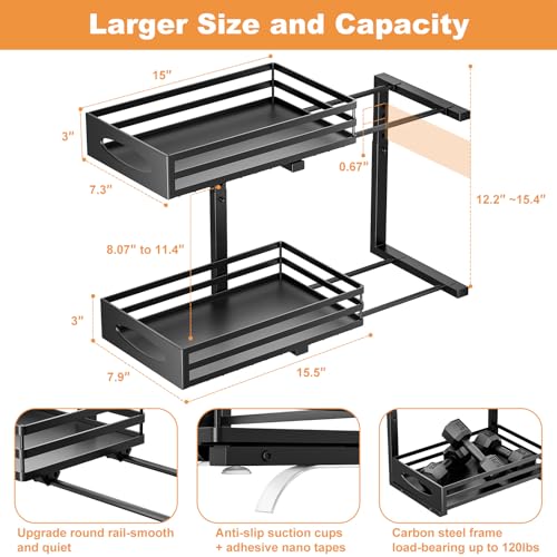 Image of Under Sink Organizer, 2 Tier Under Sink Organizers and Storage, Adjustable Height, Slide out Metal Cabinet Organizers, Pull out Cabinet Storage Drawer Shelf for Kitchen Bathroom (Black, 1 Pack)