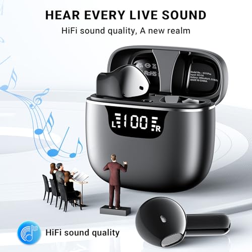 Image of Wireless Earbuds, Bluetooth 5.4 Headphones with 42H Ultralight Ear Buds, Bluetooth Earbuds with 4 ENC Noise Cancelling Mics, HiFi Deep Bass Dual LED Display USB-C, IPX6 Waterproof Earphones Black