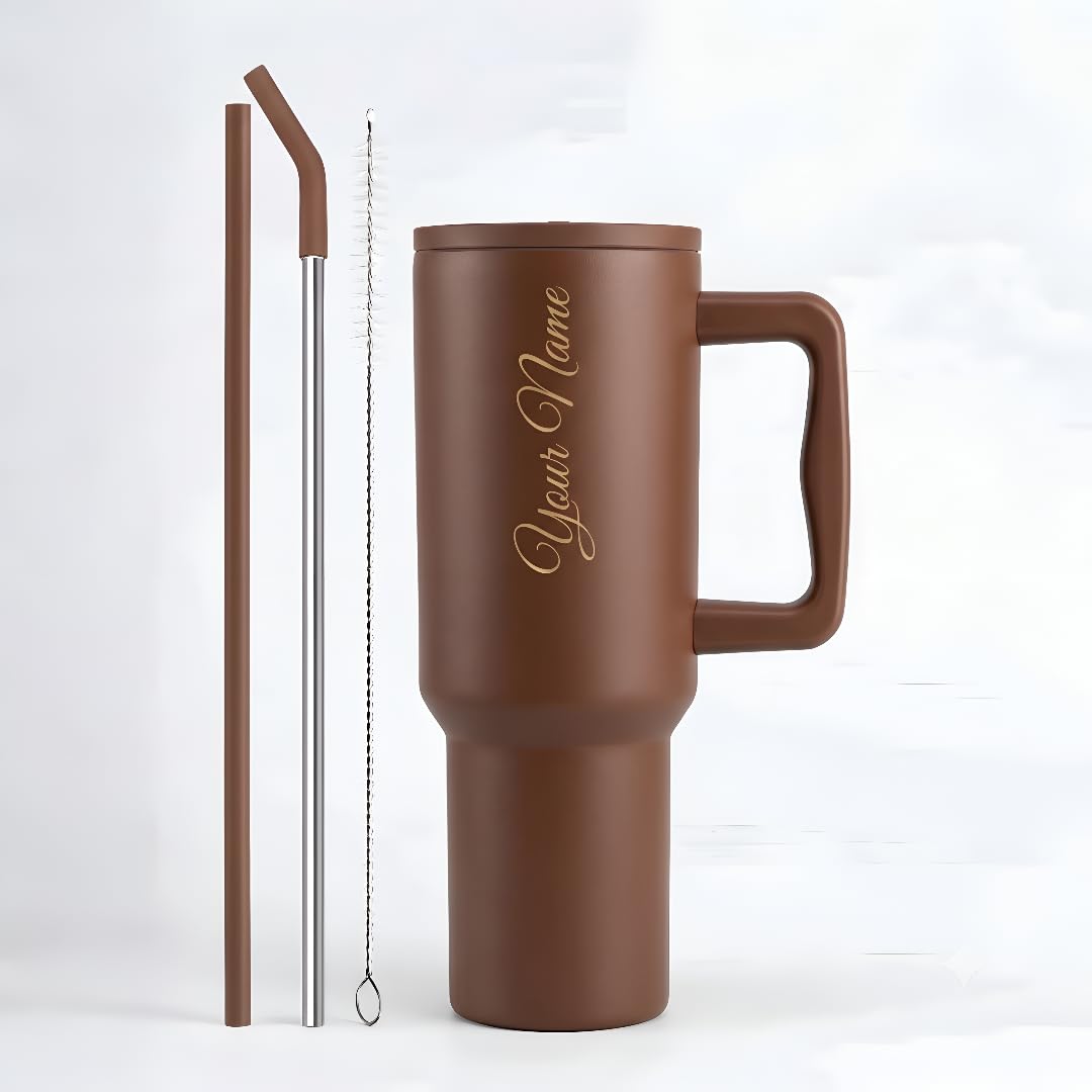 PEIPUS Personalised with Your Name, 1200ml Tumbler with Straw - Handle – Stainless Steel Double Wall Insulated Cup | Leakproof Sipper Mug for Hot - Cold Drinks | Coffee - Water Tumbler (Chocolate)