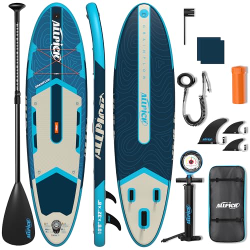 ALLPICK Premium SUP Board Set Stand Up Paddling Board Aufblasbar Mit Universal Kamerahalterung Komplettes Zubehör Verstellbares Paddel Anfänger Fortgeschrittene 200kg Tiefseeblau