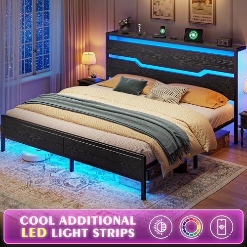 King Size Bed Frame with LED Lights & Charging Station, King Bed Frame and Headboard,13" Under Bed Storage,Metal Slats Support,No Box Spring Needed, No Noise, Easy Assembly, Modern Black - Image 6