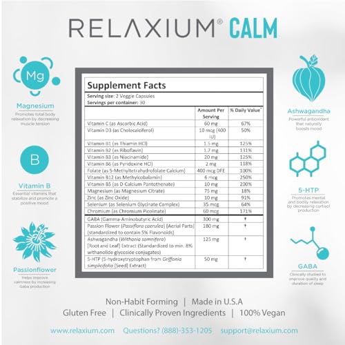 Relaxium Calm, Non-Habit Forming, Stress & Mood Support Supplement, Elevate Mood & Boost Relaxation with Ashwagandha, 5-HTP, GABA, Made in USA (60 Vegan Capsules, 30 Day Supply) - Image 3