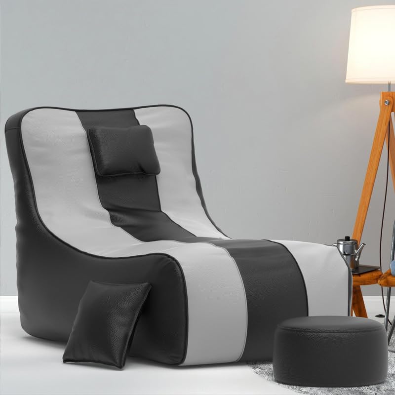 Image of Biggie Bean Bag with Beans Filled 6XL Zuno Lounger-Laziness Pro Max-Crafted for Comfort-Styled for Elegance with Free Cushion & Footrest (Matching Color : Leatherette Black Light-Grey)
