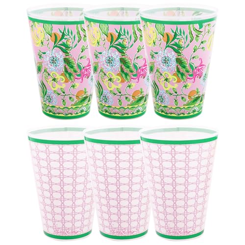 Lilly Pulitzer 14 Ounce Reusable Plastic Pool Cups, Set of 6 Durable Kid-Friendly Drinking Glasses, Via Amore Spritzer/Conch Shell Pink Caning