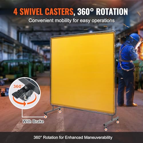 Image of VEVOR Welding Screen with Frame, 6' x 6' Welding Curtain Screen, Flame-Resistant Vinyl Welding Protection Screen on 4 Swivel Wheel (2 Lockable), Moveable & Professional for Workshop /Industrial, Yellow
