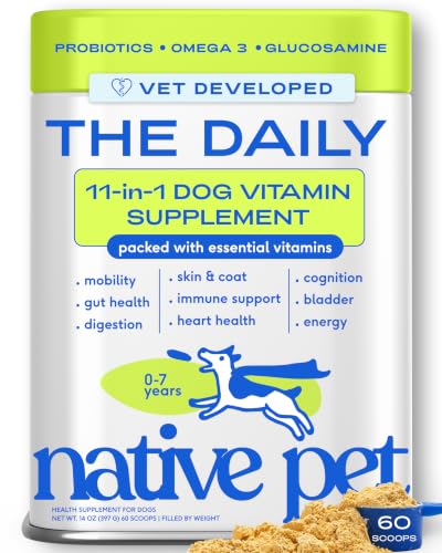 Native Pet The Daily Dog Vitamins & Supplements - 11-in-1 Multivitamin Powder for Dogs - Supports Whole Body Health Digestion Mobility & Immunity with Collagen Glucosamine & Probiotics 60 Scoops