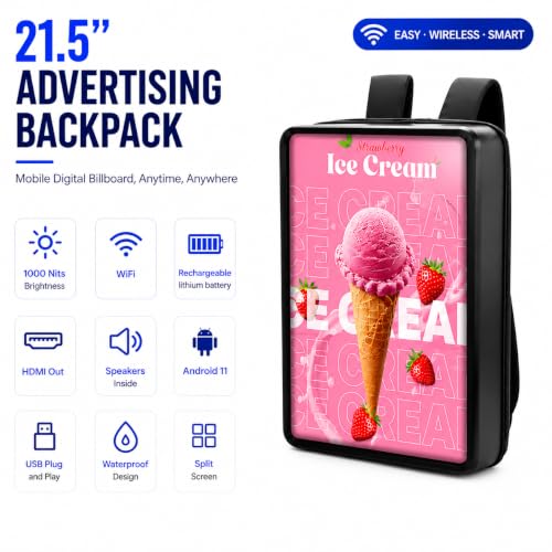 Image of 21.5 Inch IP65 Waterproof Advertising Backpack, 1000nits High Brightness LCD Digital Signage Backpack, Human Walking Backpacks Digital Billboard with USB /App /CMS Input for Auto ADs Playback