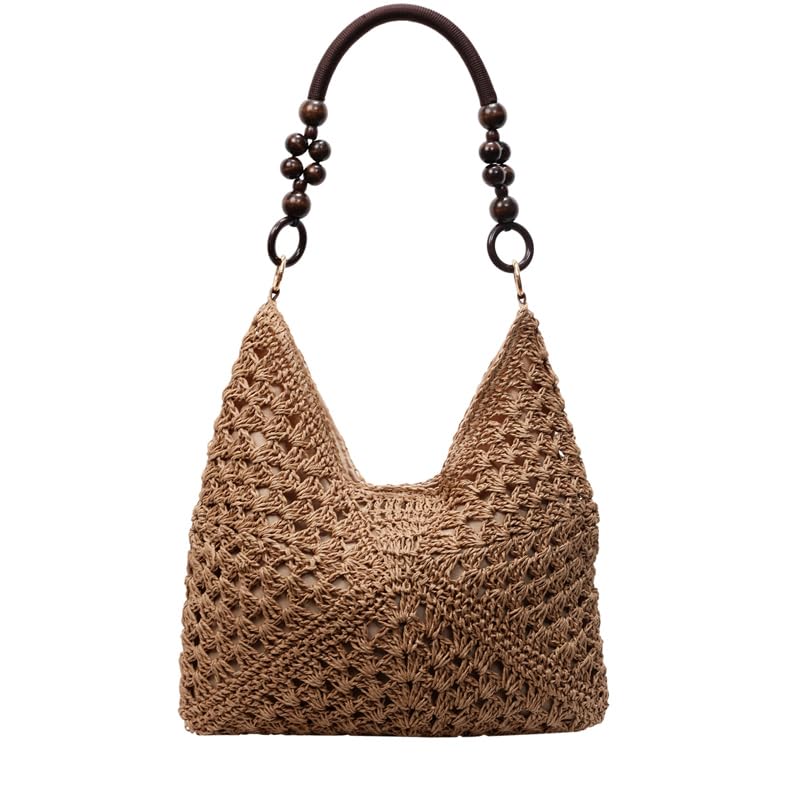 Women Stylish Knit Shoulder Bag Large Capacity Seaside Straw Shoulder Bag Wood Bead Hollowed Beach Bag Summer Beach Travel Ba