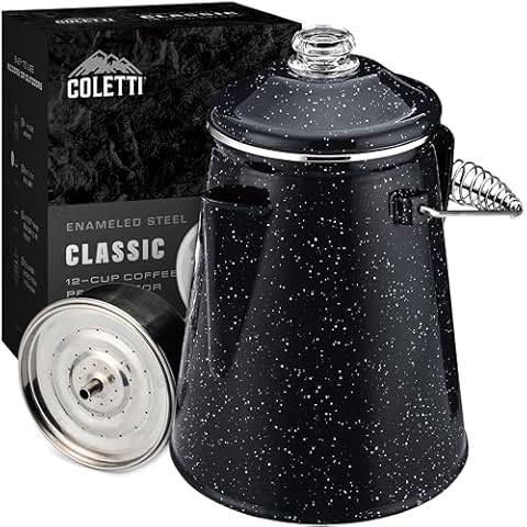 COLETTI Classic Percolator Coffee Pot — Coffee Percolator, Camping Kettle – The Original Camping Coffee Pot, Now Modernized – For Campsite Brewmasters Everywhere [Black Enamel, 12 Cup] Cover