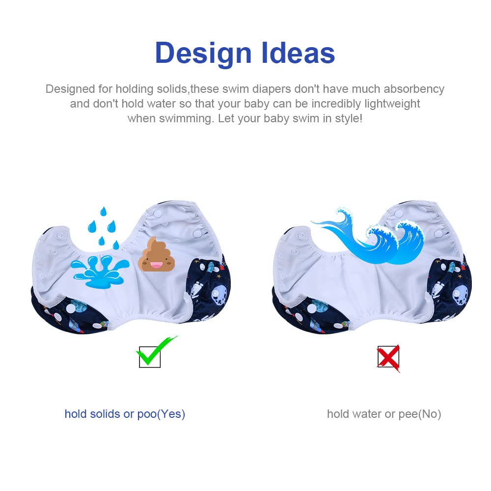 Vicloon Pannolino da Nuoto, 2 Pannolini Lavabili Pannolini da Nuoto, Costume Piscina Regolabile Riutilizzabile Costumi per Bambini, Impermeabile Pannolino Piscina, Cosmico Blu e Robot Bianco, 0-3 Anni