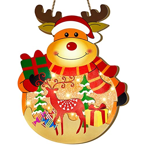 Lighted Reindeer Door Sign with Timer Christmas Wreath Decor