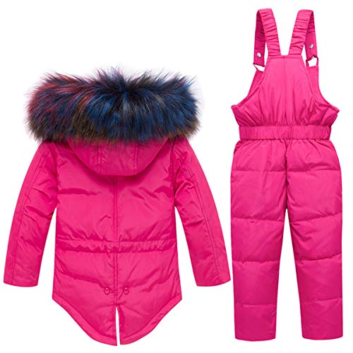 image for REWANGOING Baby Girls Winter Warm 2pcs Fur Trim Hooded Puffer Down Jac