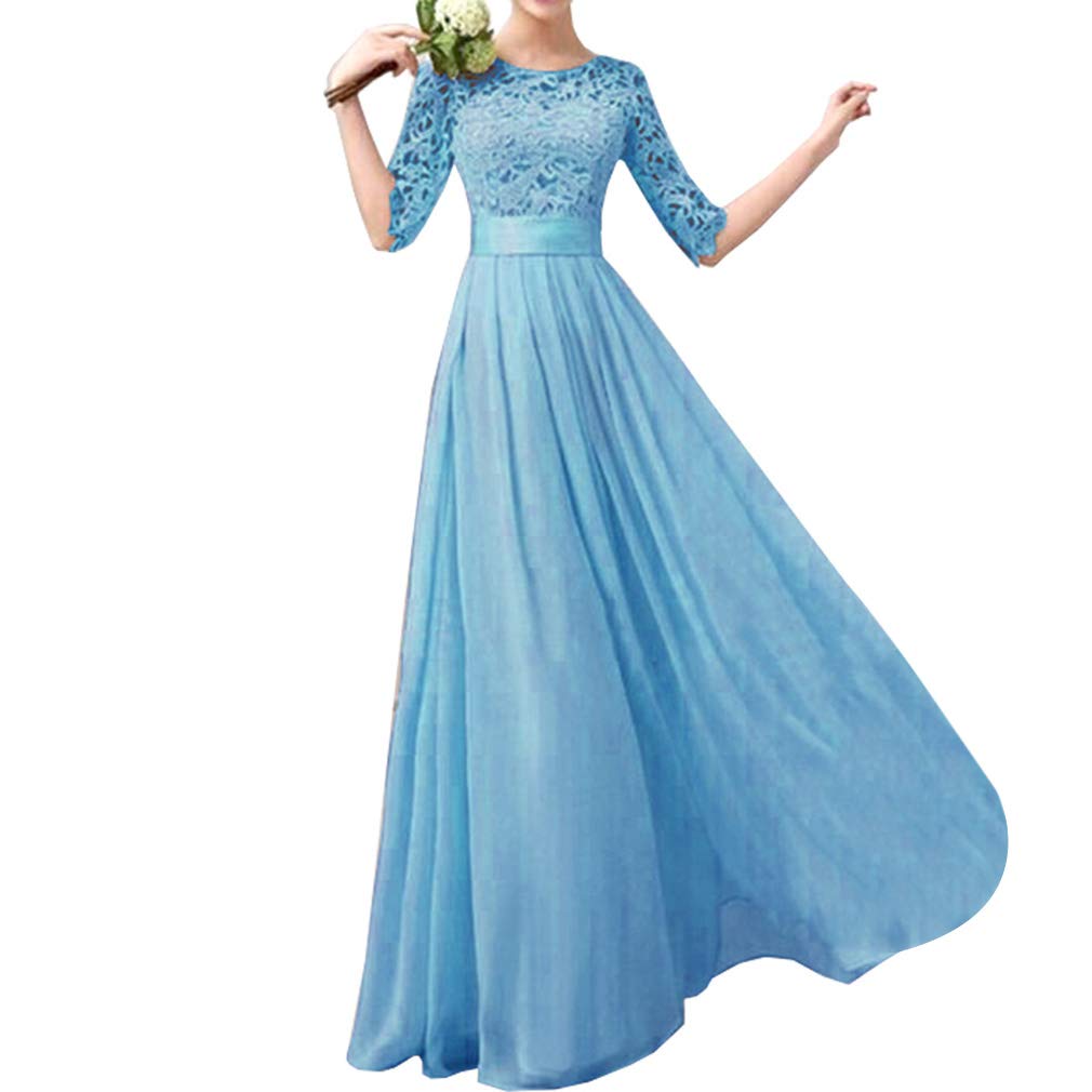 Lrady Women's Lace Splicing Chiffon Long Maxi Dress Evening Wedding Bridesmaid Gown Blue