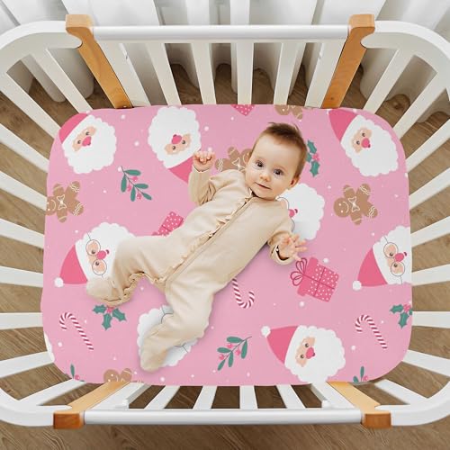 Image of Christmas Santa Cute Pink Crib Sheets Soft Breathable Fitted Baby Crib Sheets Mattress Cover for Girl Boys, 52 inch x 28 inch x 9 inch