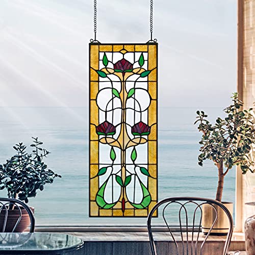 Stained Glass Panel - Ruskin Rose Three Flower Stained Glass Window Hangings - Window Treatments #TOP2