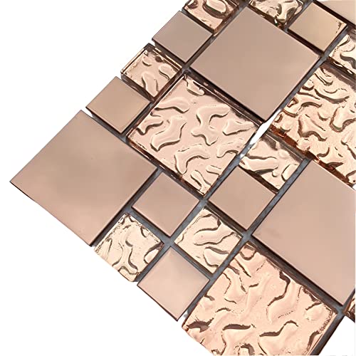 Hominter Rose Gold Metallic Mosaic Textured Glass Tile Shiny Metal Luxury Backsplash for Kitchen & Bathroom, Accent Wall Tiles (6 Square Feet) - Image 5