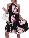 Vrtige Women's Tunic Floral Halter Neck Pleated Sleeveless Flowy Hem A Line Mini Dress Black Small