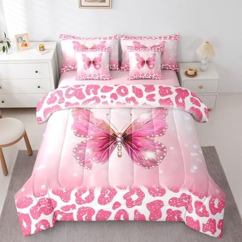 Image of Feelyou Cute Butterfly Comforter Set with Sheets 7 Piece King Size Leopard Print Bedding Set for Kids Boys Girls Butterflies Print Bed in a Bag Glitter Dreamy Princess Soft