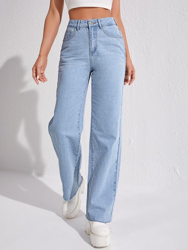 Image of DEELMO Women's High Waist Wide Leg Denim Jeans for Women | Straight Fit Full Length Casual Wear Pants