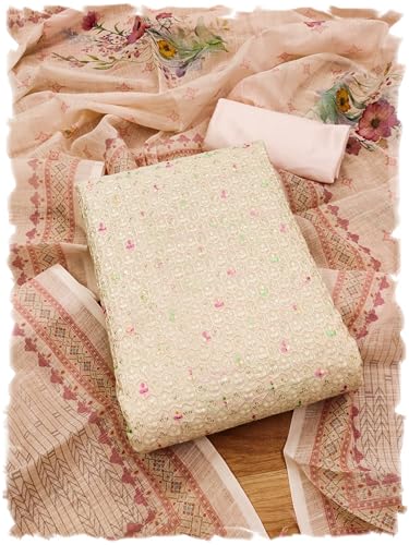 Image of Pandadi Saree Women's Elegant Lucknowi Work with Modal Cotton Chanderi and Embroidered Dupatta Unstitched Dress Material