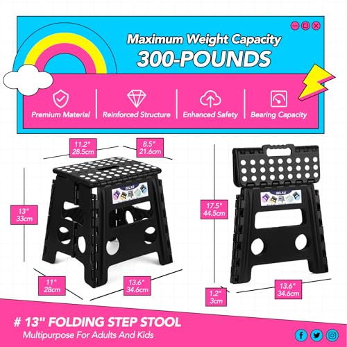 Image of Delxo Folding Step Stool 13 inch 2 Pack,300 Lbs Step Stool for Kids&Adults | Foldable Step Stool,Non-Slip Foot Stools with Handle Lightweight Collapsible stools for Kitchen,Bathroom,Bedroom,Garden Black