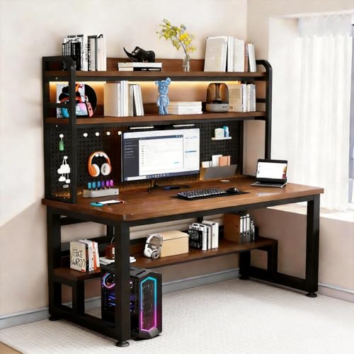Gaming Desk With LED Lighting And Charging Station 39 Inch Computer Desk With Hutch & Pegboard Organizer USB-C Ports & Power Strip Modern Workstation For Gamer Home Office(A 39.3*23.6*66.9in)
