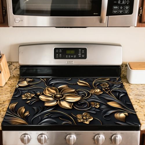 Image of Nuxovilar Black Gold Flower Stove Cover Diatom Mud 20.47x28.34 In | Glass Protector Countertop Mat Counter Saver Cooktop Cover Kitchen Cooking Area Home (Black Gold Floral)