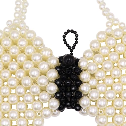 Image of Girls Mini White Pearl Purse Handbag Butterfly Satchel Shoulder Bag Beaded Clutch Evening Bag for Women