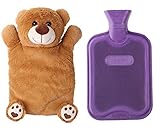 HomeTop Premium Classic Rubber Hot or Cold Water Bottle with Cute Stuffed Animal Cover (2 Liter, Purple)