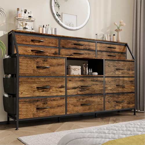 Dresser for Bedroom with 14 Drawers, 55" W Dresser with Side Pocket, Fabric Dressers & Chests of Drawers with Shelves, Sturdy Frame, Wood Top