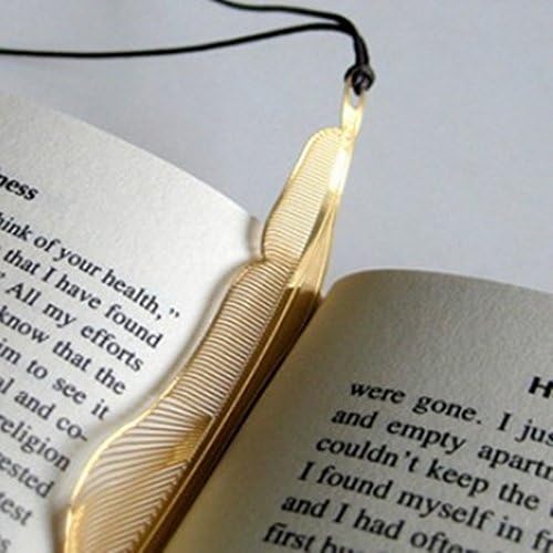 Metal Bookmarks with Leather String,18K Gold Plated,Feather Design (3PCS)