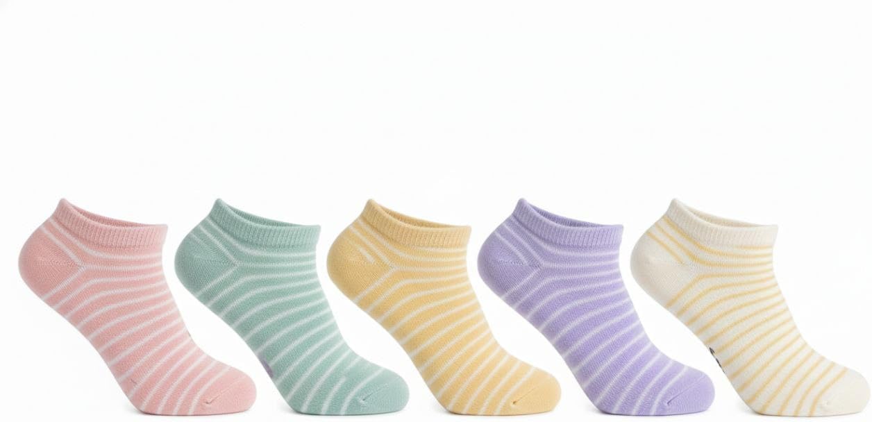 Women's Ankle Socks, Striped Pattern, Low Cut, Soft Ribbed Cuff, Breathable Mesh, 5 Pack, Pastel Colors, Soft Pink colour, Mint Green, Mustard Yellow, Lavender Purpal, Pale Green colour