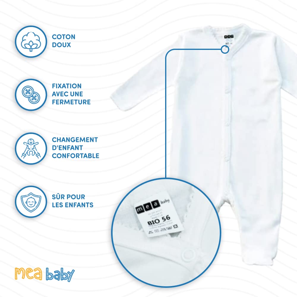 MEA BABY grenouillère bébé Unisexe 100% Coton Bio, Lot de 2, Blanche (crème), pour Filles et garçons (62)