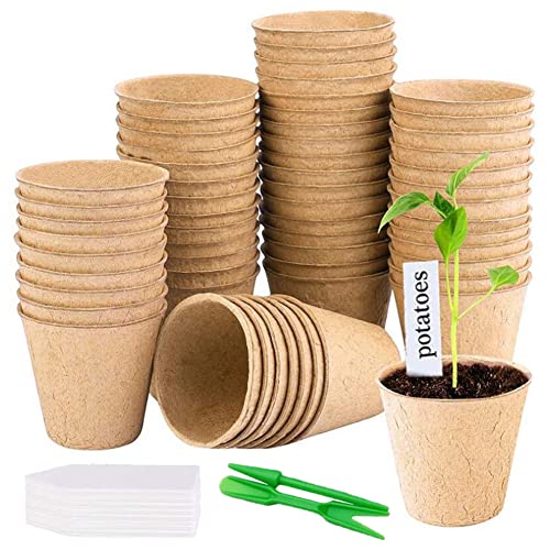 AISHOW 50 Piezas Macetas de Semillas 8cm Redondas Biodegradables Semilleros de Germinacion Macetas de Turba con 2 Herramientas de Jardín y 50 Etiquetas de Plantas