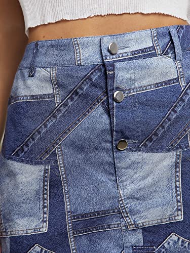 Women's Color Block High Waisted Denim Skirt A Line Mini Jean Skirt4