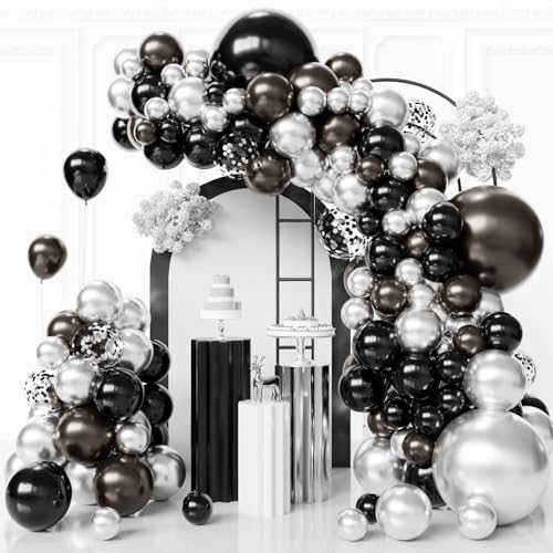 Image of Black and Silver Balloons Arch Kit,130pcs Metallic Black Balloons Garland,Different Sizes Metallic Silver Latex Balloons for Birthday Engagement Baby Shower Wedding Graduation Party Decorations