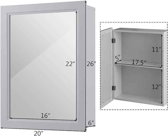 RELAX4LIFE Bathroom Medicine Cabinet with Mirror - Bathroom Wall Cabinet w/Single Door & Adjustable Shelf, Wood Mirrored Storage Cabinet Organizer, Recessed Bathroom Cabinet Wall Mount (Grey)