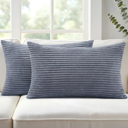 Image of Mecatny Corduroy Decorative Throw Pillow Covers 12x20 Set of 2 for Sofa Living Room, Soft Neutral Boho Couch Pillow Covers for Home Decor, Blue Grey