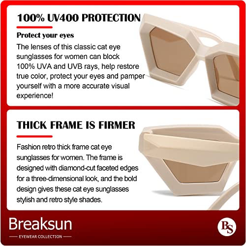 Breaksun Thick Frame Cat Eye Sunglasses For Women Vintage Trendy Cateye Sun Glasses Retro Style Shades (Black+Beige) #TOP3