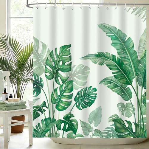 hometrixx Sommer Duschvorhang 180 x 200 cm Grün Blätter Tropische Monstera Bananenblätter Badevorhänge Polyester Badezimmervorhang für Dusche Bad Wasserdicht Maschinenwaschbar mit 12 Ringe