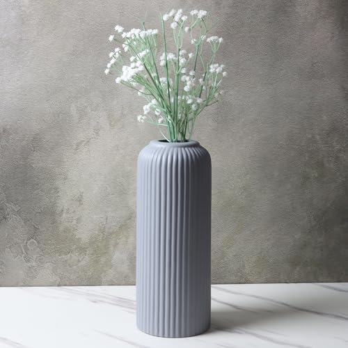 Image of KREATIVE ART'S Modern Ribbed Design Ceramic Flower Vase for Living Room, Flower Pots for Artificial Flower, Home Decoration Item, Home Decor, Vases for Living Room (Grey, Large)
