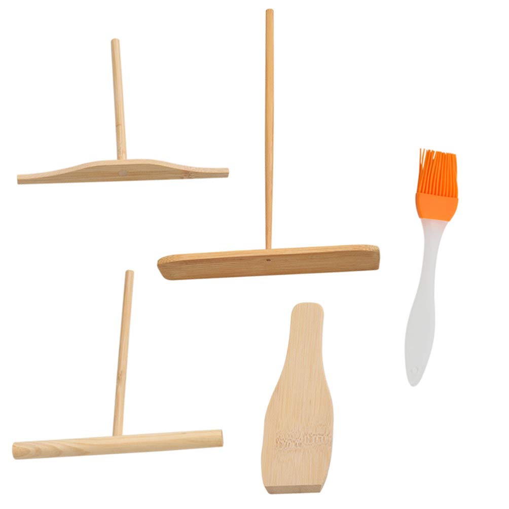 Cabilock Crepe Making Kit 5pcs Bamboo Crepe Spreader Pancake Spreader Spreading Tools Size to Fit Medium Crepe Pan with Oil Brush Crepe Rake